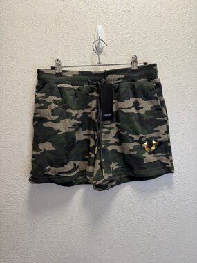 NWT True Religion  Green Camo Fleece Shorts  Drawstring Woman's Size Medium